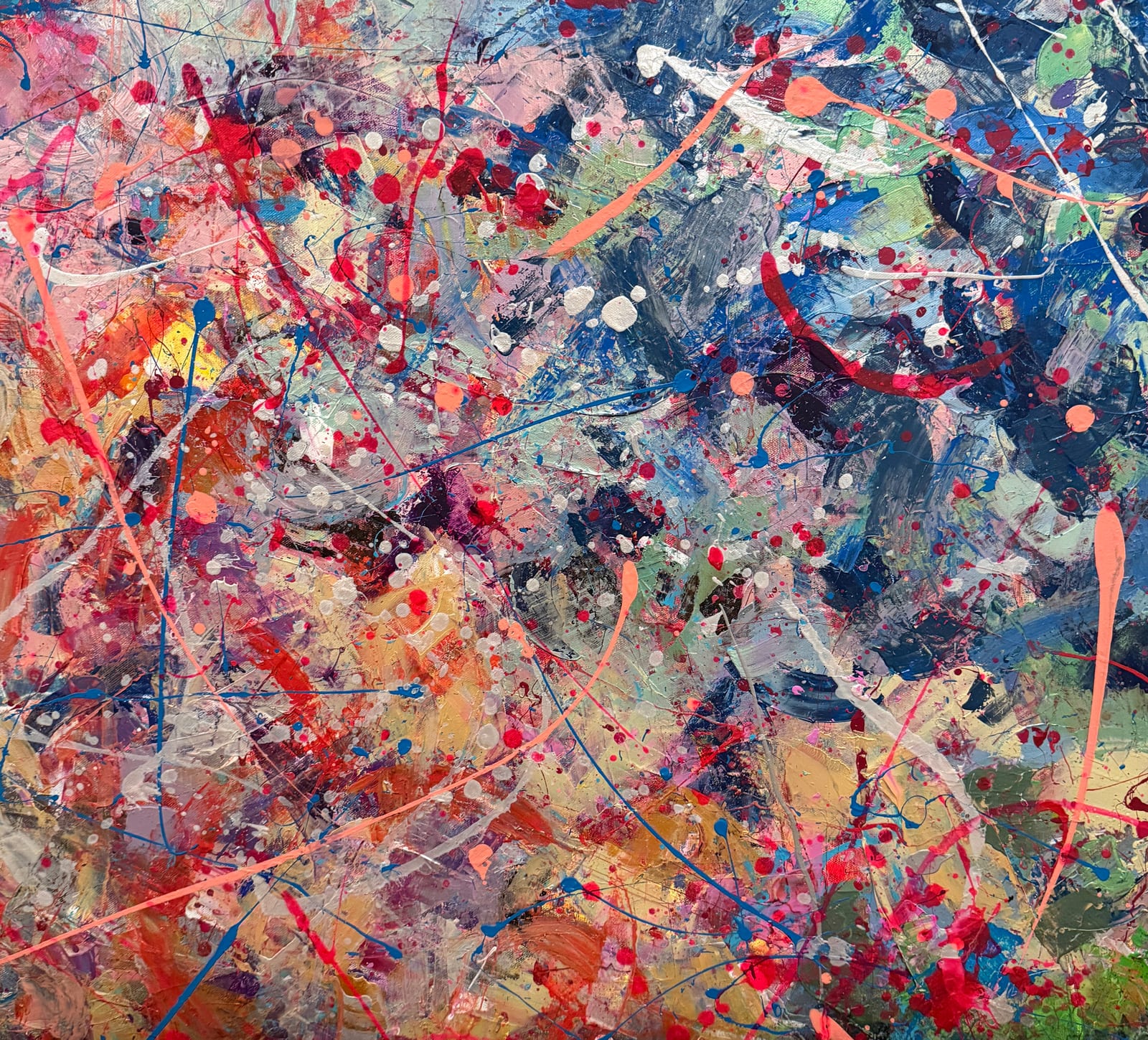 Goodbye Porcelain Cat — dense acrylic abstraction layered in muted blues, reds, and bone white