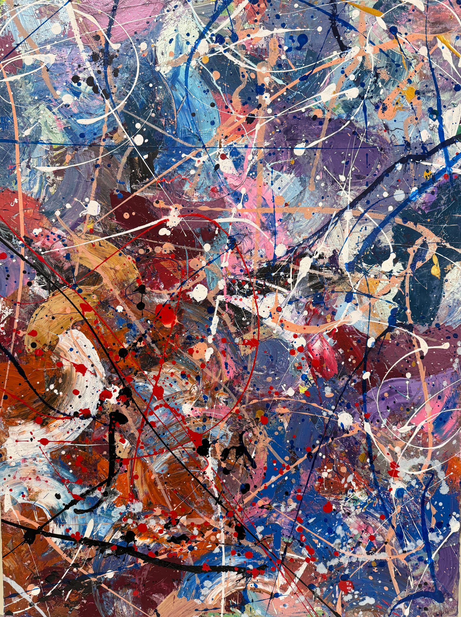 New Urban Nebula — drifting acrylic densities in deep blues threaded with pale yellow and red